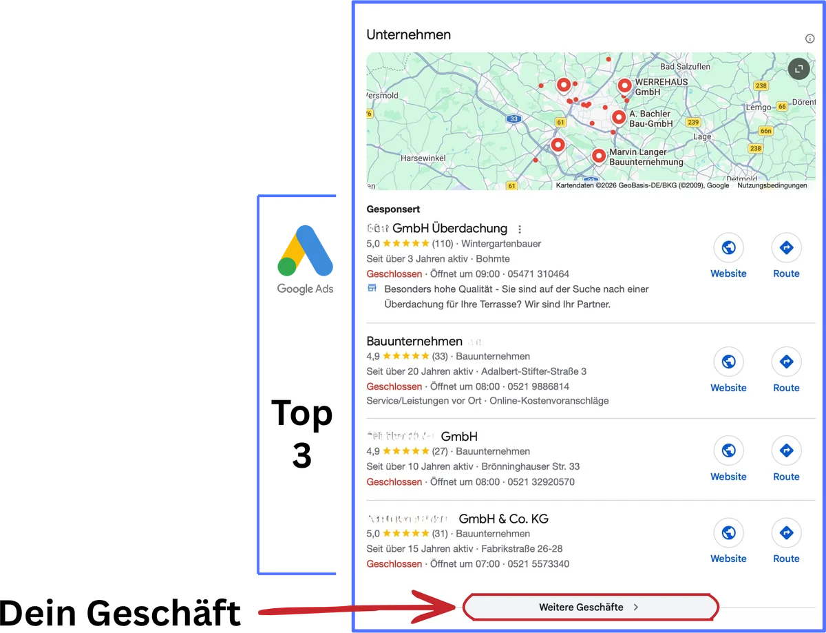Google-Suche: die Karte zeigt vier Unternehmen aus der Region, der Pfeil weist auf Weitere Geschäfte