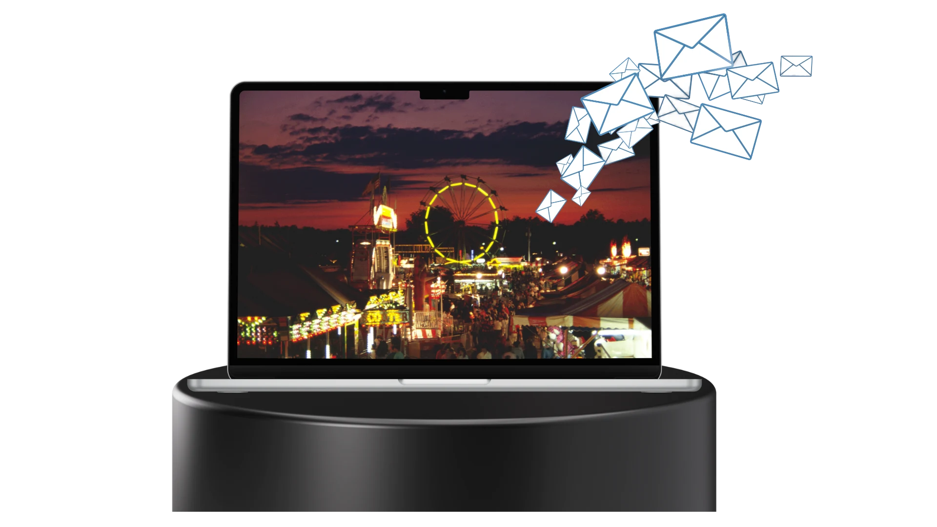 Laptop mit Volksfest bei Nacht, Anfragen kommen per E-Mail rein